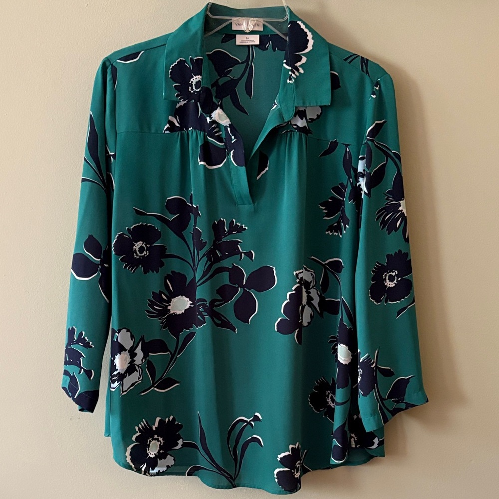 Van Heusen Teal Floral Split Collar Blouse